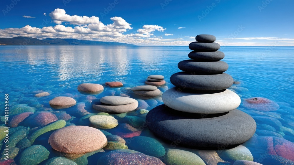 Poster tranquil lake surrounded by neatly stacked rocks illustrating the art of balance and harmony between