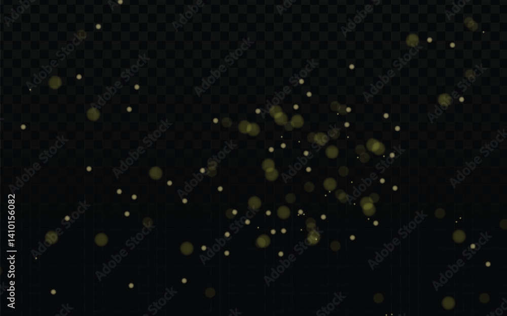 Poster blurred golden light particles drift across a transparent dark checkered background. the varying siz
