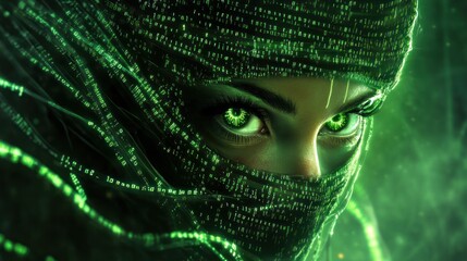 Obraz premium Mysterious figure with glowing green eyes in digital haze