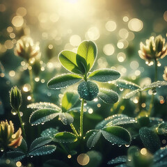 Dew-kissed clover in sunlit green meadow with soft bokeh background.