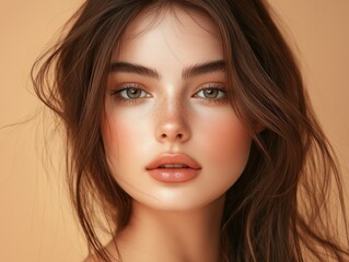 Fototapeta premium Portrait of a Young Woman with Long Brown Hair and Peachy Makeup