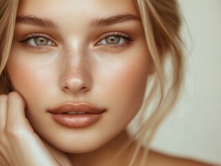 Obraz premium Radiant Beauty: A Close-Up Portrait of a Woman with Natural Makeup and Soft Lighting
