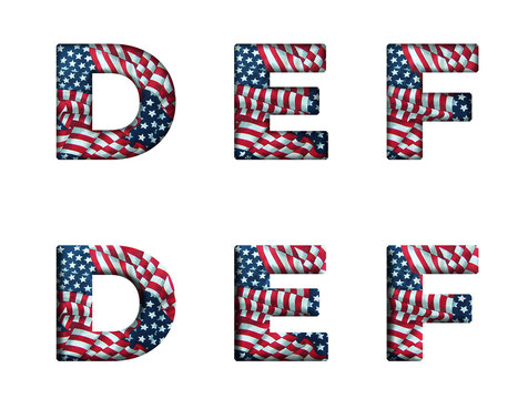 Red and blue usa Patriotic pattern american flag is waving D, E, F  Alphabet letter text typography font image