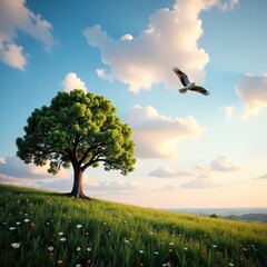 Tree shape in foreground with bird soaring high in the air, flight, silhouette