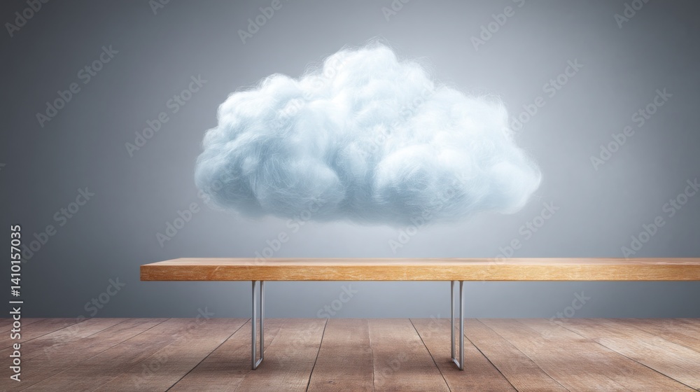 Poster rustic wooden table with a soft white cloud floating above it creating a dreamy atmosphere for creat