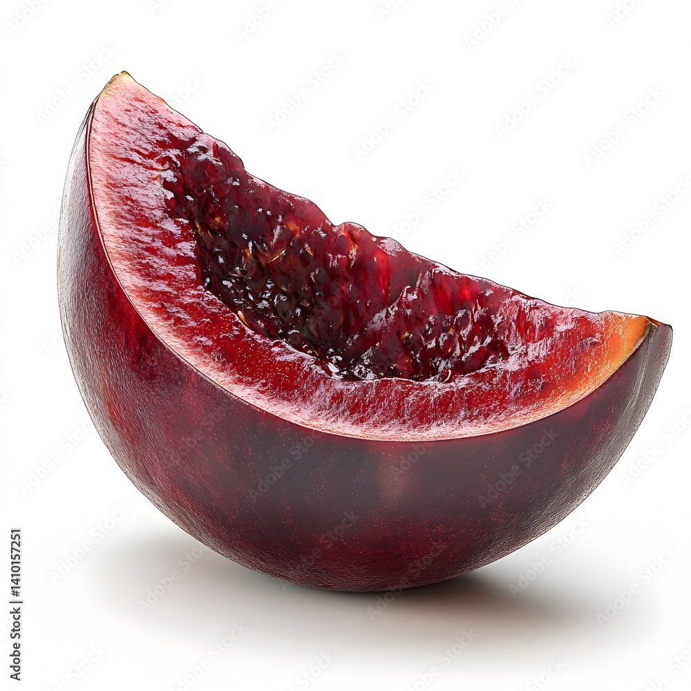 Poster close-up shot of a single plum slice, showcasing its vibrant red color and juicy texture against a w
