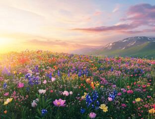 Fototapeta premium Vibrant Meadow of Wildflowers Under an Epic Sunset – Nature's Beauty in Full Glory