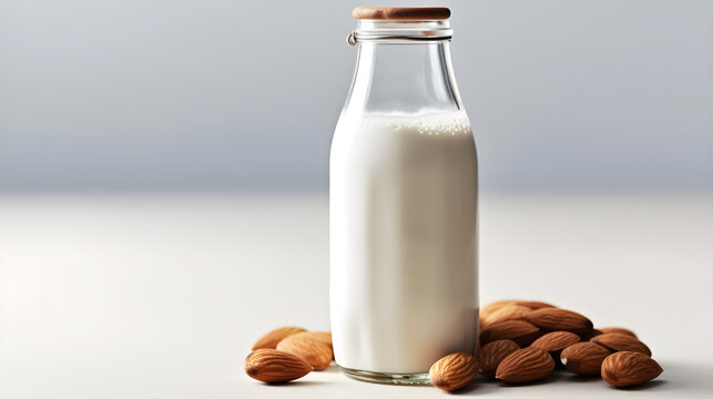 A glass bottle of almond milk with almonds scattered around it on a white surface.