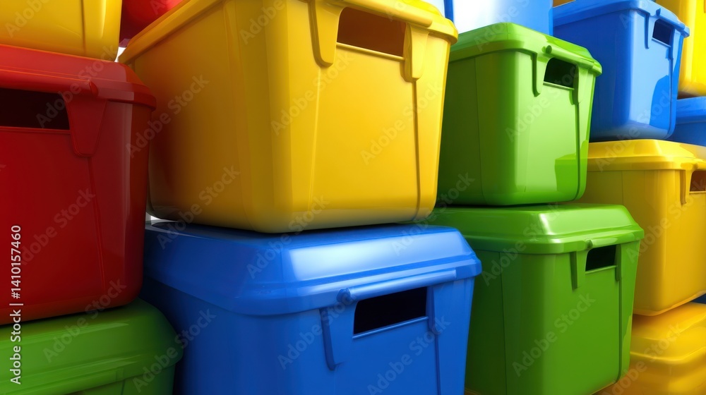 Poster pile of colorful plastic containers neatly stacked together representing confidence and organization
