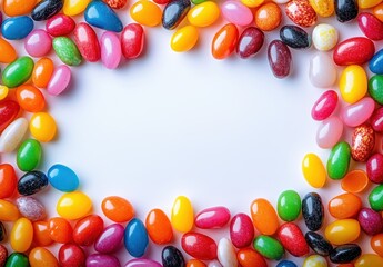 Fototapeta premium Colorful Jelly Beans in Various Shapes and Sizes Framing a White Background for Creative Food Photography or Candy-Themed Design Projects