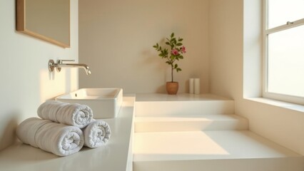 Fototapeta premium Clean and bright bathroom interior with rolled towels near a sink and a small plant