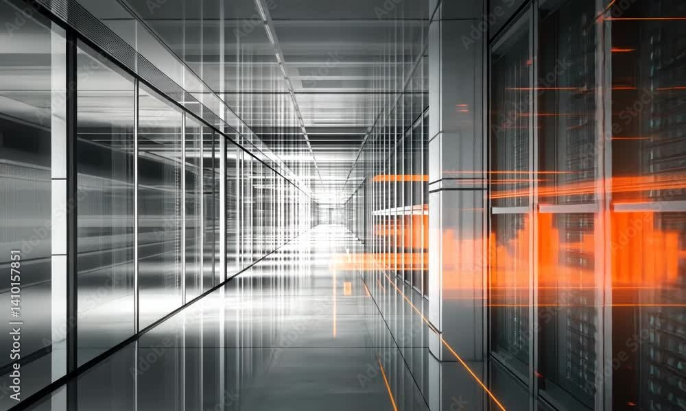 Wall mural modern server room with digital data streams.