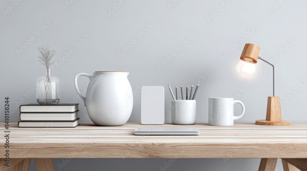 Aufkleber table displaying white mug, book, lamp, and notepad creating a cozy and simplified workspace environ