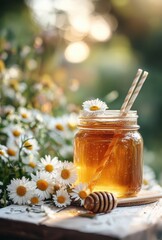Fresh Honey Jar Surrounded by Beautiful Daisies with Straws in a Rustic Setting Under Soft Golden Light, Ideal for Natural Food Photography