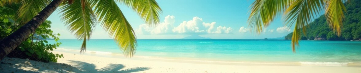 Obraz premium Vintage toned film filter applies to serene tropical ocean scene with palm fronds and sandy shores, film, ocean