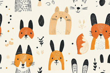 Scandinavian style hand-drawn animals - cute foxes, bunnies and bears in a minimalist design will be a great addition to a child's room, patterns