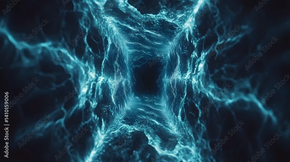 Poster cosmic energy explosion with pulsating blue light trails and abstract geometry