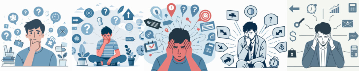 A vector collection of people looking overwhelmed with too many thoughts or information, depicting stress, mental pressure, or overthinking.