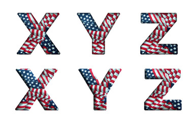 Obraz premium Red and blue usa Patriotic pattern american flag is waving X, Y, Z Alphabet letter text typography font image