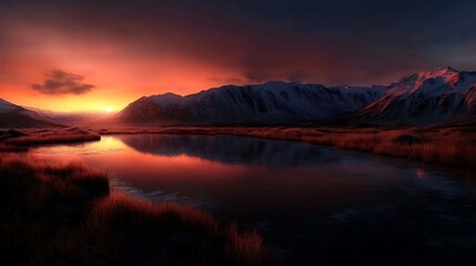 Fototapeta premium Majestic sunrise over a tranquil mountain lake.