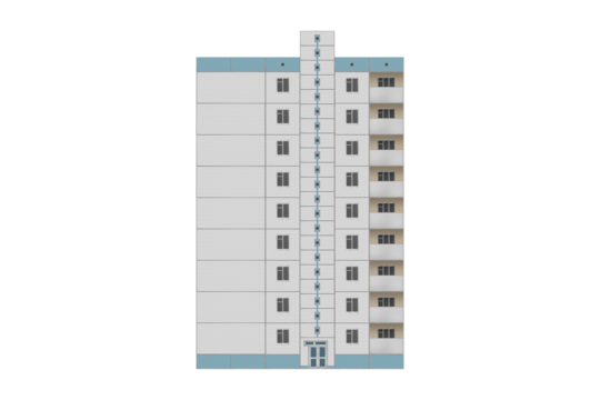 Nine-storey Soviet panel apartment building with central entrance is isolated.
