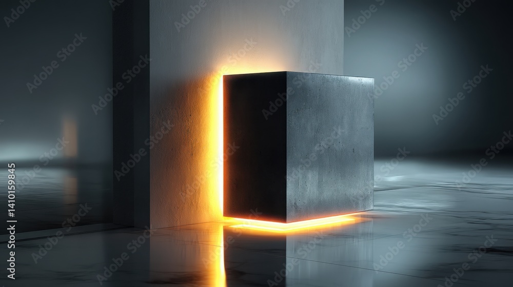 Poster light emitting from square object creating an enigmatic glow beside glowing content block for messag
