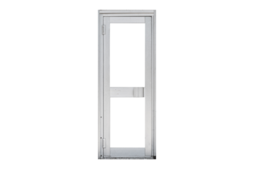 Old metal door with glass panels is isolated.