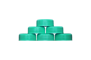 Six green plastic bottle caps arranged in a pyramid are isolated.