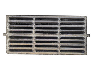 Rectangular cast iron storm drain grate with horizontal slots is isolated.