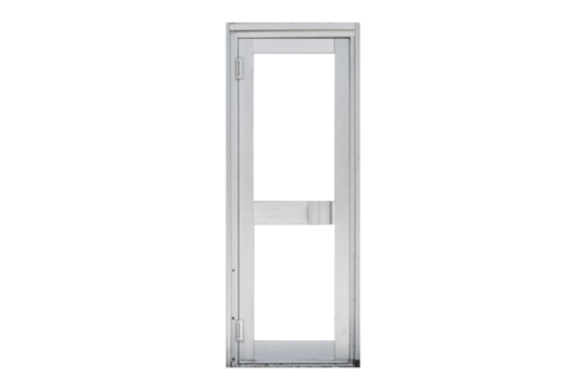 Old metal door with glass panels is isolated.