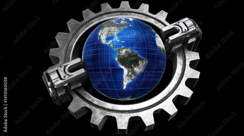Poster gear wheel with earth inside it symbolizing productivity and global connection in a unique conceptua
