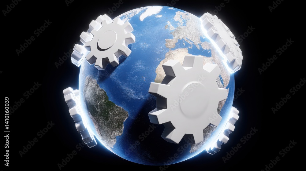 Aufkleber globe with gears orbiting around it representing peace and productivity in a creative conceptual des