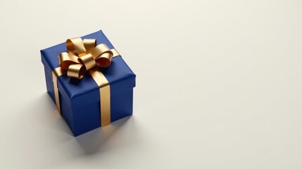 A luxuriously wrapped gift box, navy blue with a gold ribbon bow, sits on a pristine white surface, ready for a special occasion