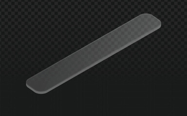 A long, rectangular gray nail file with rounded ends, angled slightly on a transparent dark checkered background. Represents nail care and grooming.