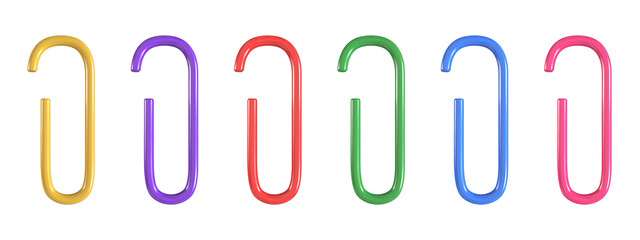 collection of 3d bright color glossy paper clip with pink, blue, yellow, red, purple, green illustration