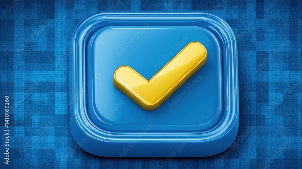 Poster blue square button with yellow tick symbol surrounded by a glowing halo representing completion and 