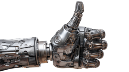 Thumbs Up of the Future: A detailed image showcases a metallic, robotic arm giving a thumbs-up gesture, symbolizing approval, progress, and innovation in the realm of technology.