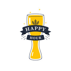 Happy hour playful beer glass to celebrate the best time of the day, Vector illustration.