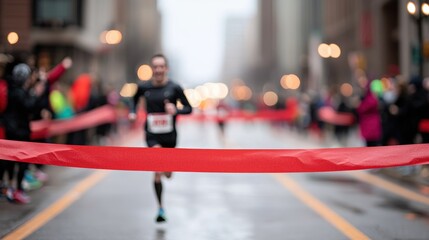A runner crosses the finish line, celebrating victory in a vibrant, lively urban marathon filled with cheering spectators.