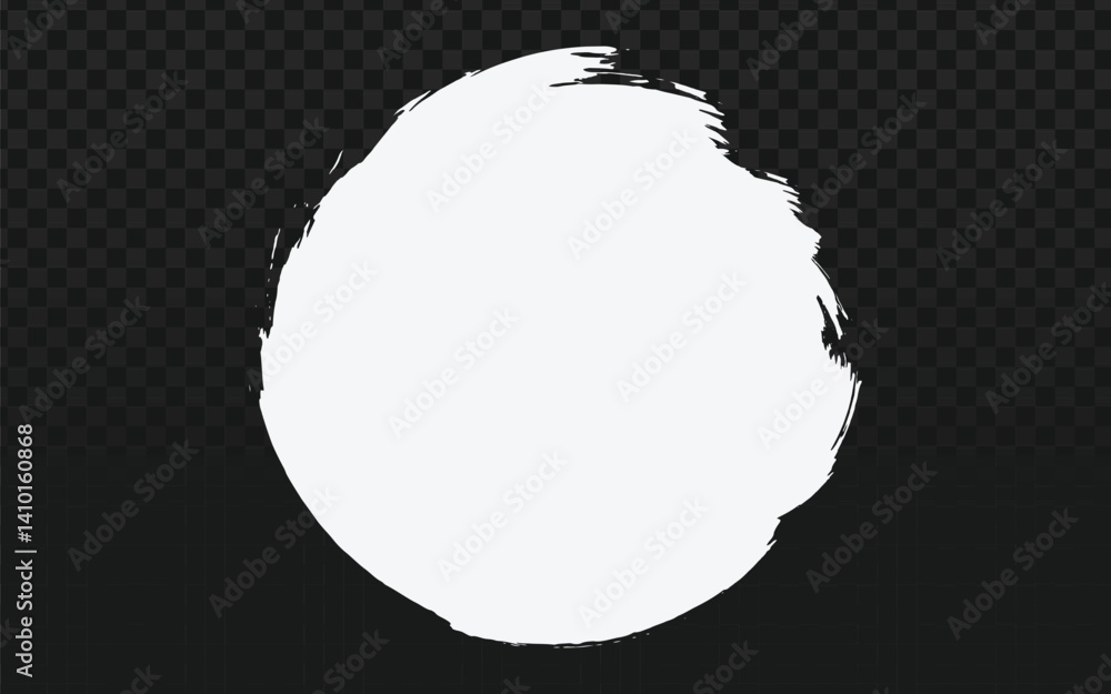 Poster a roughly circular white paint or brush stroke with textured edges, isolated on a transparent dark c