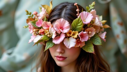 Obraz premium Fantasy Woodland Crown: Create a fantasy crown made of pastel leaves and tiny mushrooms, blending nature with softness.