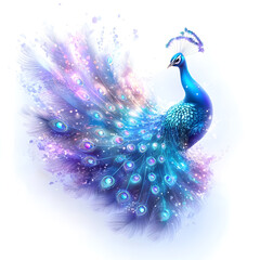 A fantasy peacock glowing with magical light in turquoise and purple feather details dreamy elegant bird white background