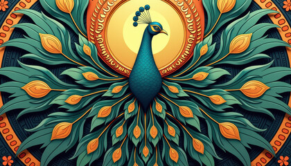 Fototapeta premium A stylized peacock with vibrant teal and orange feathers is set against an ornate circular background. This intricate design celebrates the elegance of 