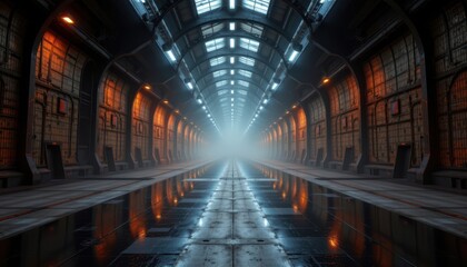 Industrial Atmosphere: Create a detailed scene portraying the empty showroom filled with reflections of the dark, industrial tunnel around it, evoking a sense of mystery.