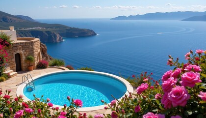 Rose Covered Cliffside Pool: Create a breathtaking coastal scene where a pool is perched on a cliff surrounded by blooming roses and stunning ocean views.