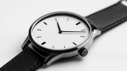 A minimalist wristwatch with a clean white dial and black leather strap.