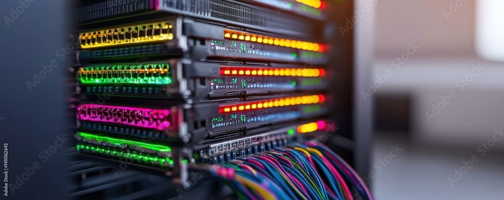 Poster a close-up view of colorful server racks with illuminated lights and cables, showcasing modern techn