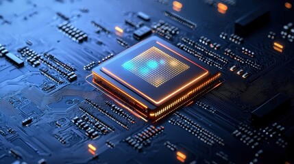 Fototapeta premium A close-up view of a modern microprocessor on a circuit board, showcasing intricate circuitry and glowing elements for high-tech applications.