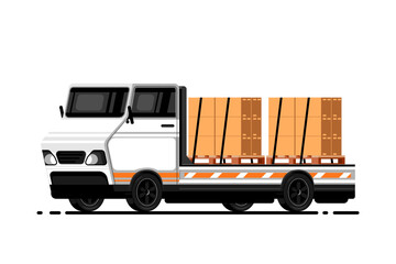 Flatbed delivery truck transporting secured cargo boxes on wooden pallets for shipping or distribution, Vector illustration.