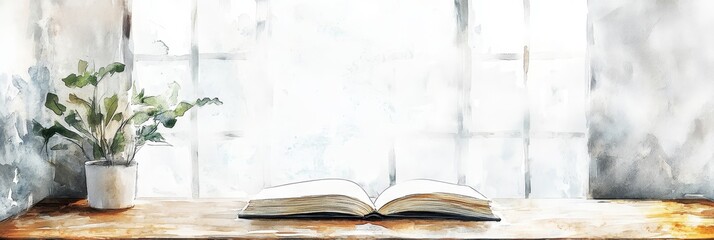 Open Book by Window - An open book rests on a wooden surface near a window, with a small plant in a pot beside it. Soft, natural light fills the scene